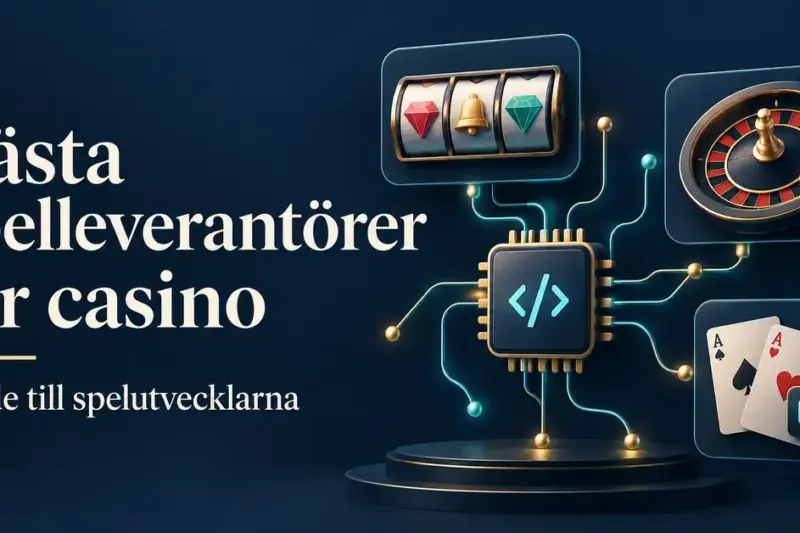 Illustration av ett mikrochip kopplat till en spelautomat, ett roulettehjul och spelkort med rubriken ”Bästa spelleverantörer för casino”.