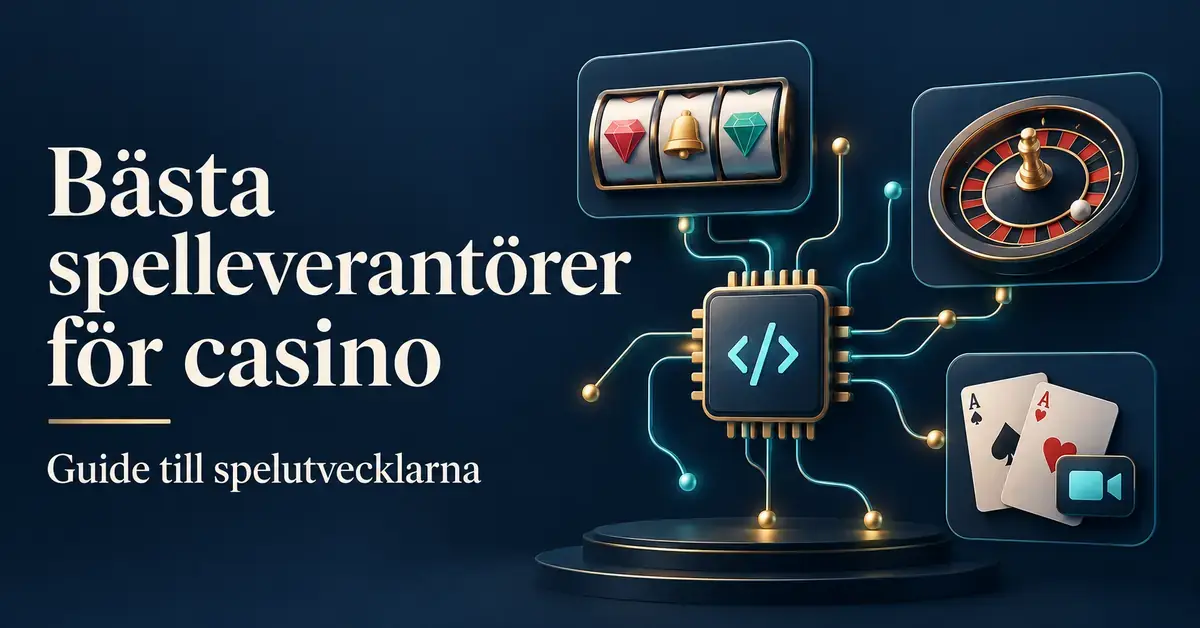 Illustration av ett mikrochip kopplat till en spelautomat, ett roulettehjul och spelkort med rubriken ”Bästa spelleverantörer för casino”.