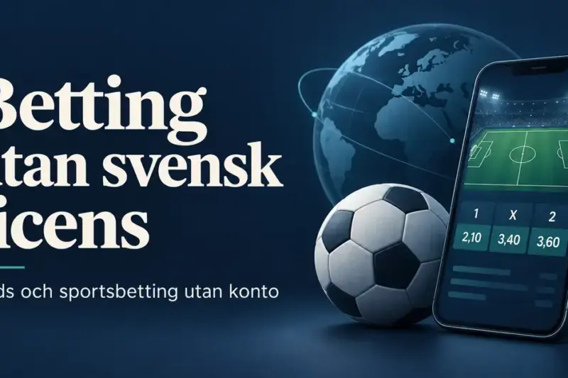 Illustration av en mobil med fotbollsplan och odds, en fotboll och en jordglob intill texten ”Betting utan svensk licens – odds och sportsbetting utan konto”.