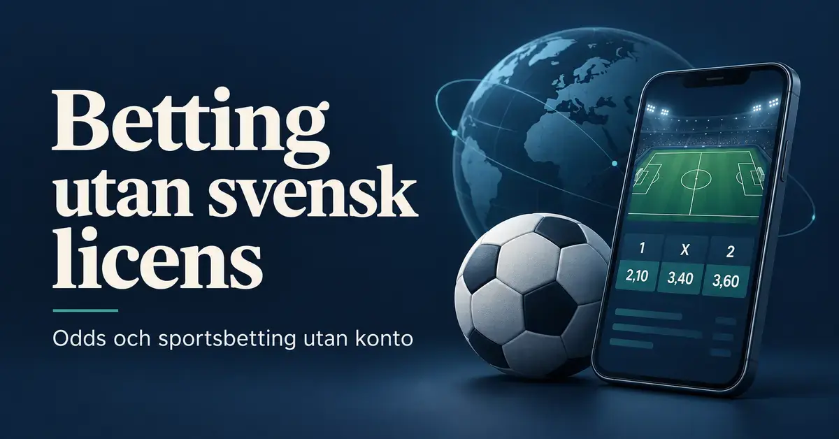 Illustration av en mobil med fotbollsplan och odds, en fotboll och en jordglob intill texten ”Betting utan svensk licens – odds och sportsbetting utan konto”.