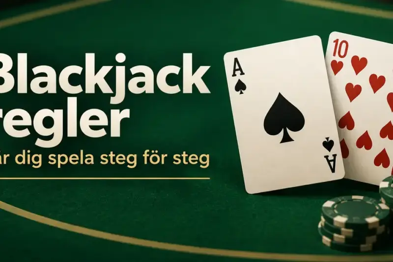 Spader ess och hjärter tio bildar blackjack på ett grönt spelbord med marker och texten ”Blackjack regler – Lär dig spela steg för steg”.