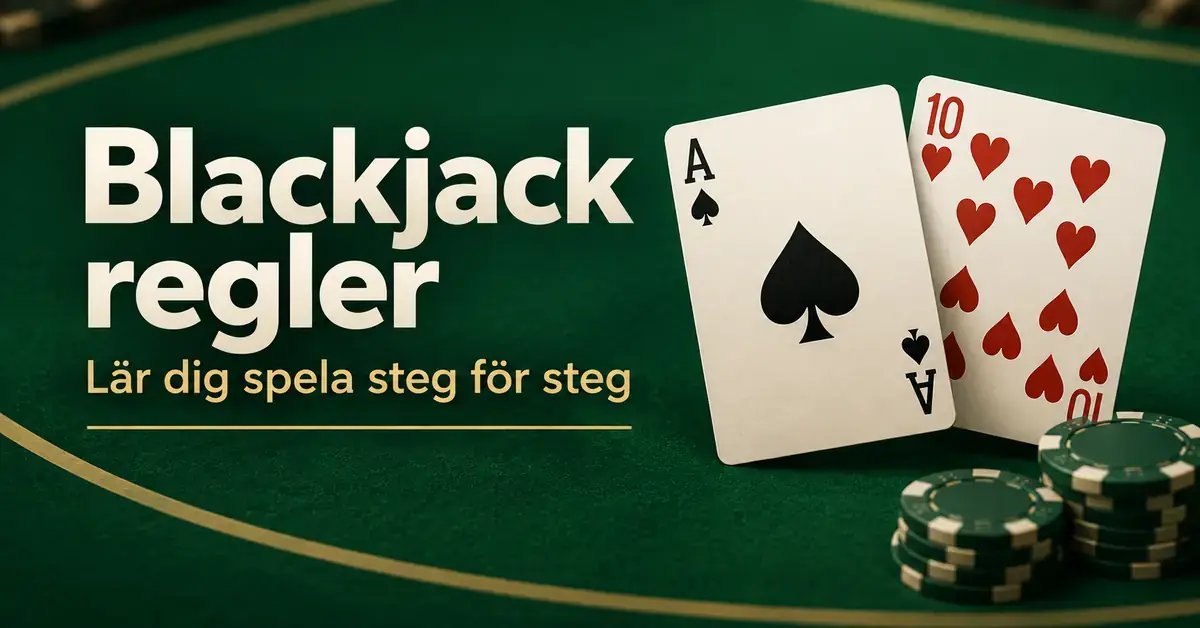 Spader ess och hjärter tio bildar blackjack på ett grönt spelbord med marker och texten ”Blackjack regler – Lär dig spela steg för steg”.