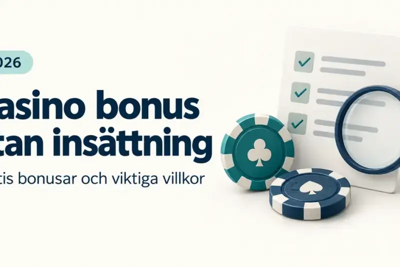 Illustration av casinochips, en checklista och ett förstoringsglas intill texten ”Casino bonus utan insättning” och ”Gratis bonusar och viktiga villkor” för 2026.