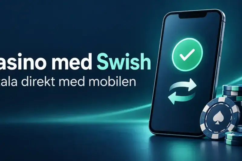 Illustration av en mobil med en betalningsbekräftelse och kasinomarker bredvid texten Casino med Swish – Betala direkt med mobilen.