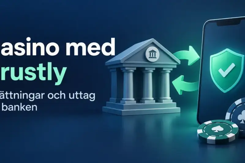 Illustration av en bank, en mobil med säkerhetssymbol och två spelmarker samt pilar för insättningar och uttag på casino med Trustly.