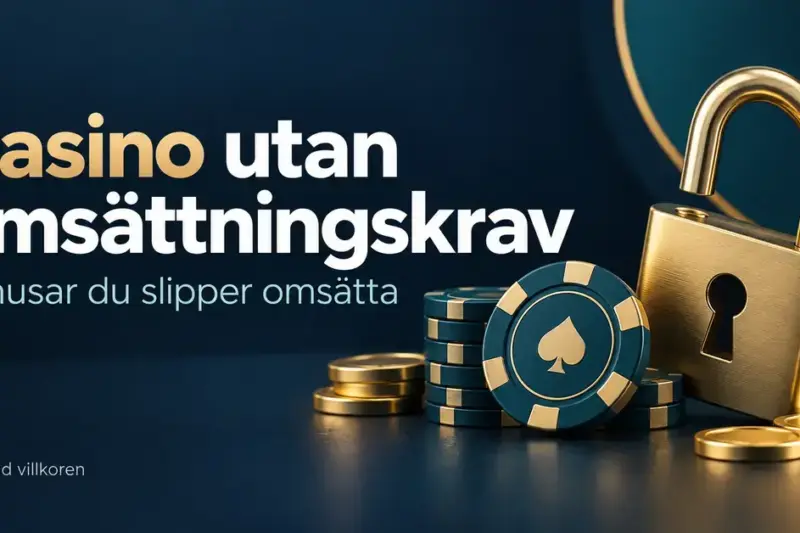 Illustration med kasinomarker, guldmynt och ett öppet hänglås intill texten ”Casino utan omsättningskrav – Bonusar du slipper omsätta” och påminnelsen ”Läs alltid villkoren”.