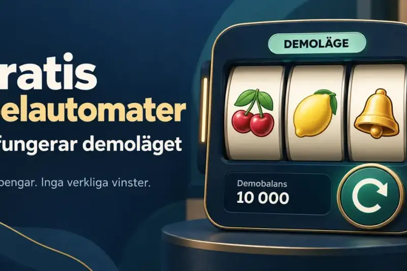 Illustration av en spelautomat i demoläge med fruktsymboler och demobalans samt text om gratis spel med låtsaspengar utan verkliga vinster.