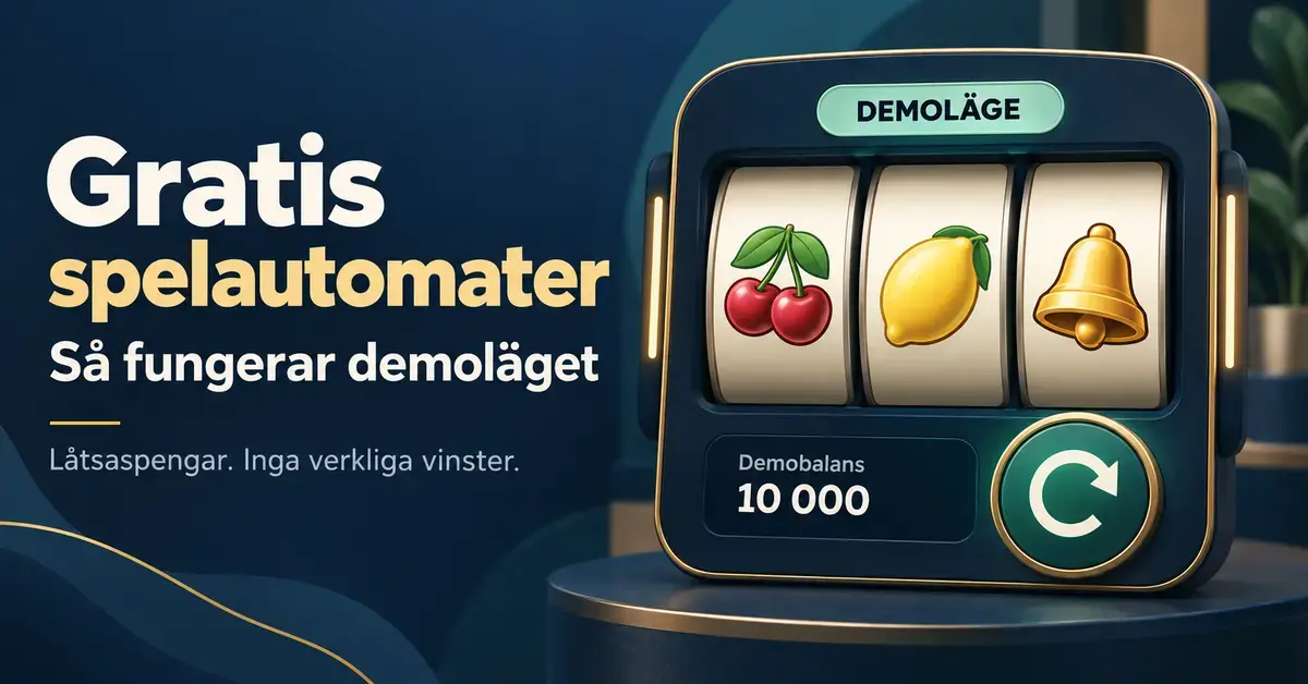Illustration av en spelautomat i demoläge med fruktsymboler och demobalans samt text om gratis spel med låtsaspengar utan verkliga vinster.