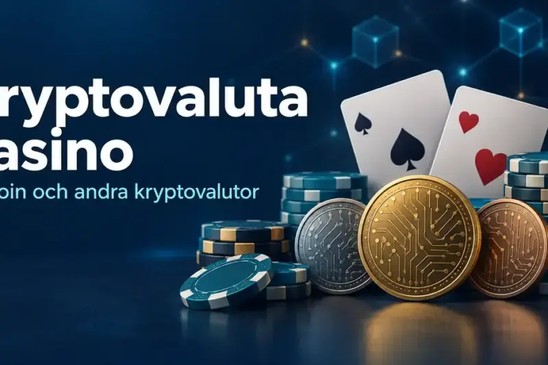 Illustration av digitala mynt, casinomarker och spelkort mot en mörkblå bakgrund med texten ”Kryptovaluta casino – Bitcoin och andra kryptovalutor”.