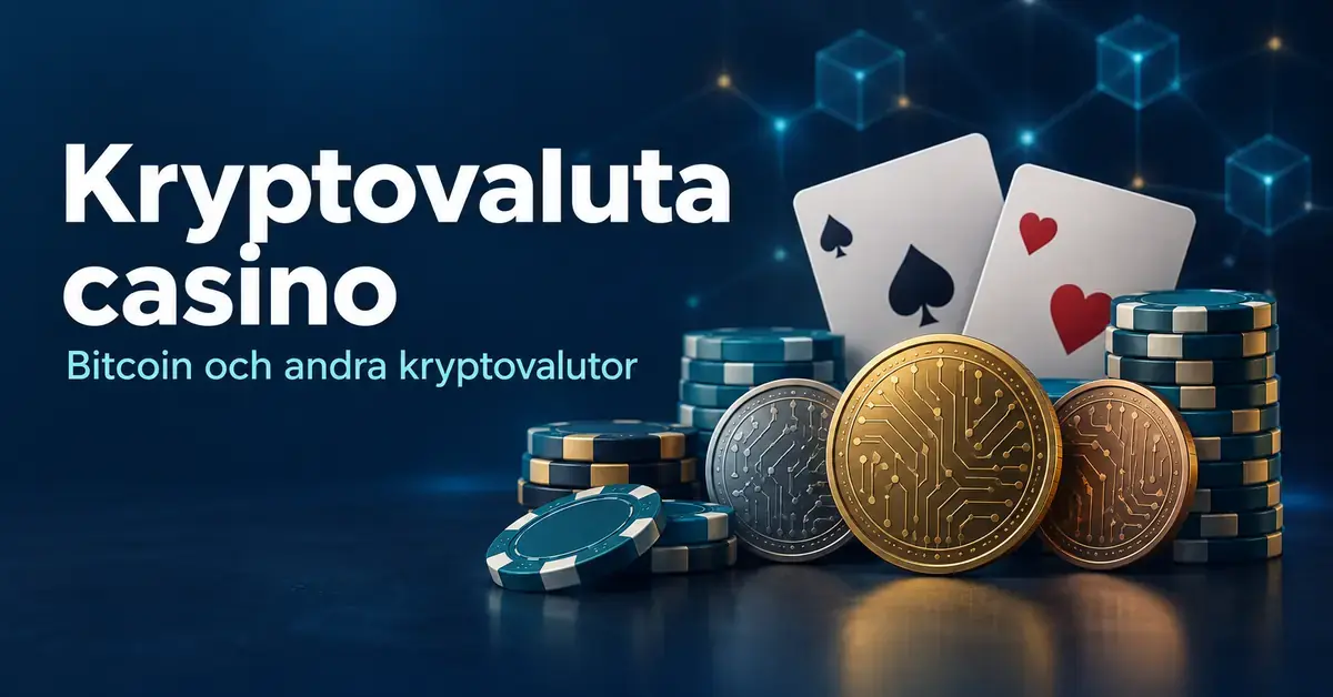 Illustration av digitala mynt, casinomarker och spelkort mot en mörkblå bakgrund med texten ”Kryptovaluta casino – Bitcoin och andra kryptovalutor”.