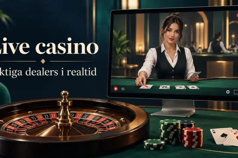Illustration av livecasino med en dealer på en datorskärm, ett rouletthjul, spelmarker och kort samt texten ”Live casino – Riktiga dealers i realtid”.