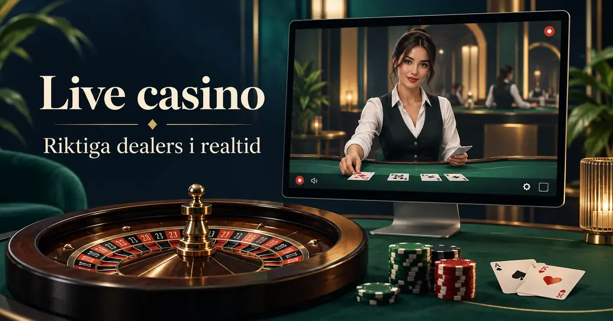 Illustration av livecasino med en dealer på en datorskärm, ett rouletthjul, spelmarker och kort samt texten ”Live casino – Riktiga dealers i realtid”.
