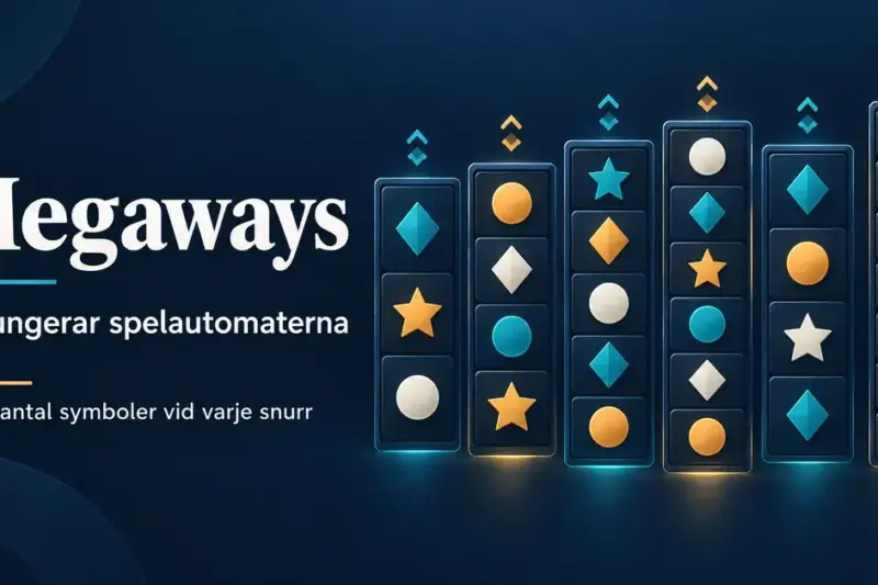 Illustration av sex Megaways-hjul med olika antal geometriska symboler och texten ”Så fungerar spelautomaterna” mot en mörkblå bakgrund.