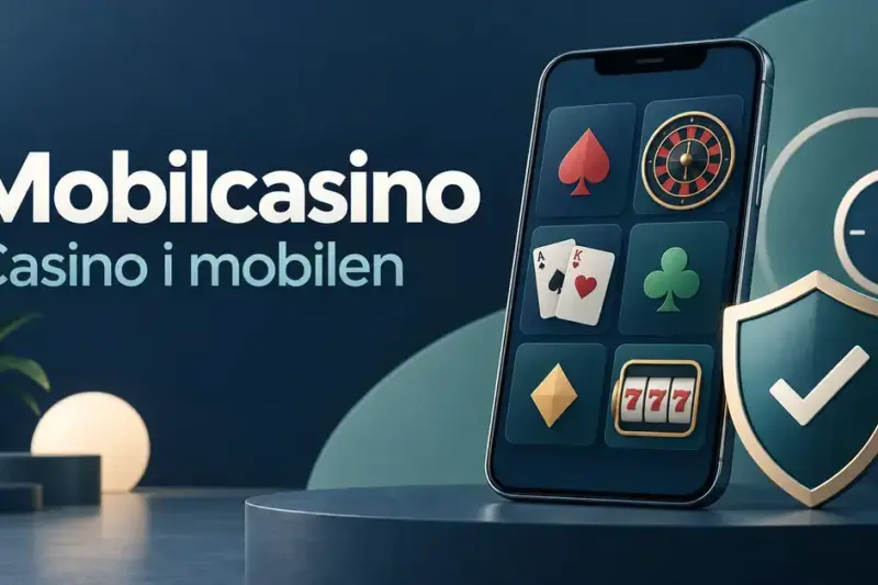 Illustration av en mobiltelefon med casinospel, en sköld med bock och en klocka intill texten ”Mobilcasino – Casino i mobilen”.