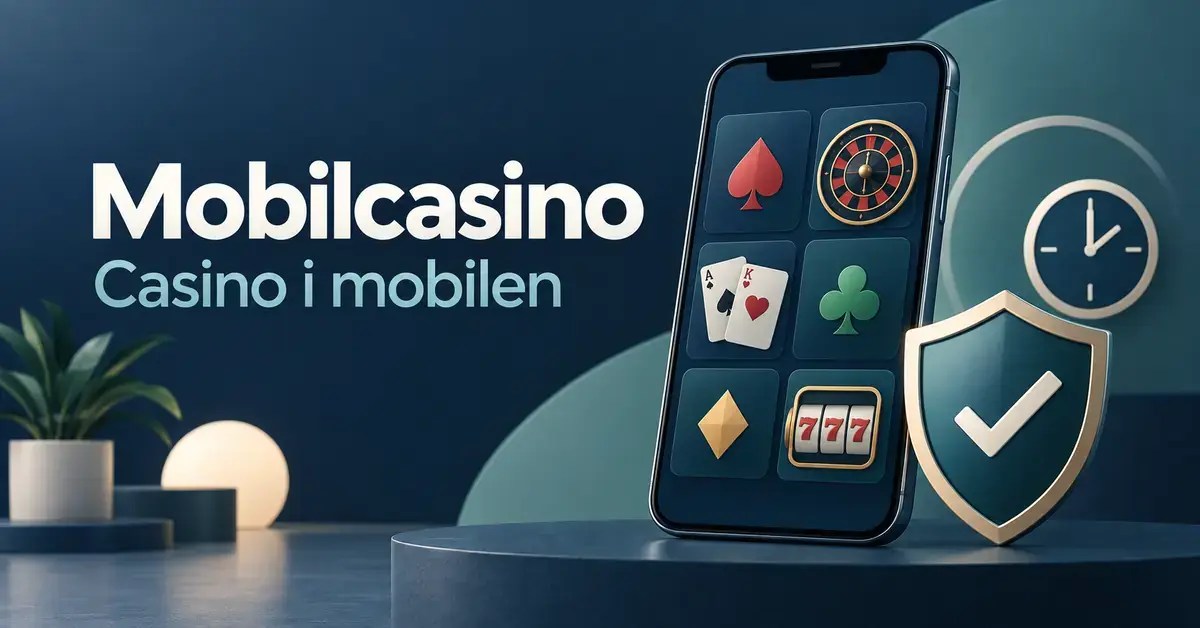 Illustration av en mobiltelefon med casinospel, en sköld med bock och en klocka intill texten ”Mobilcasino – Casino i mobilen”.