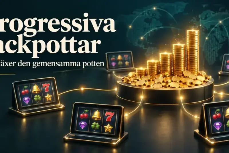 Illustration av spelautomater som är anslutna till en gemensam progressiv jackpott, med växande staplar av guldmynt.