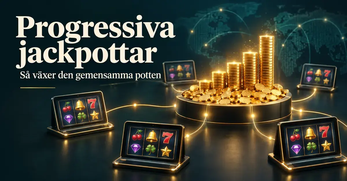 Illustration av spelautomater som är anslutna till en gemensam progressiv jackpott, med växande staplar av guldmynt.