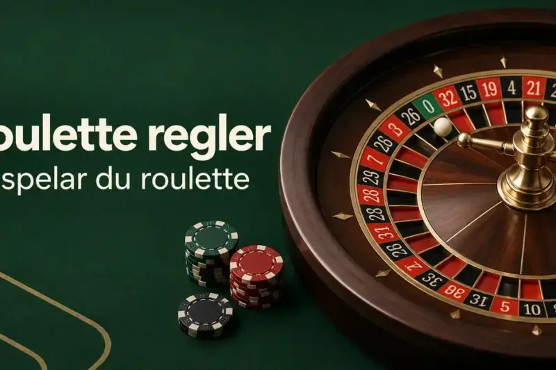 Roulettehjul med kula och spelmarker på ett grönt bord intill texten ”Roulette regler – Så spelar du roulette”.