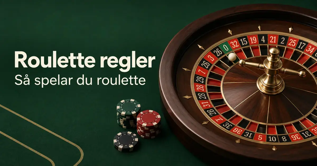 Roulettehjul med kula och spelmarker på ett grönt bord intill texten ”Roulette regler – Så spelar du roulette”.