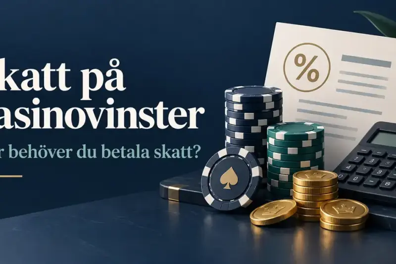 Casinomarker, mynt, miniräknare och ett dokument med procenttecken intill texten ”Skatt på casinovinster – När behöver du betala skatt?”.