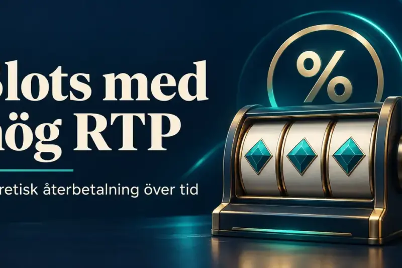 Illustration av en spelautomat med diamantsymboler och ett procenttecken bredvid texten ”Slots med hög RTP – Teoretisk återbetalning över tid”.