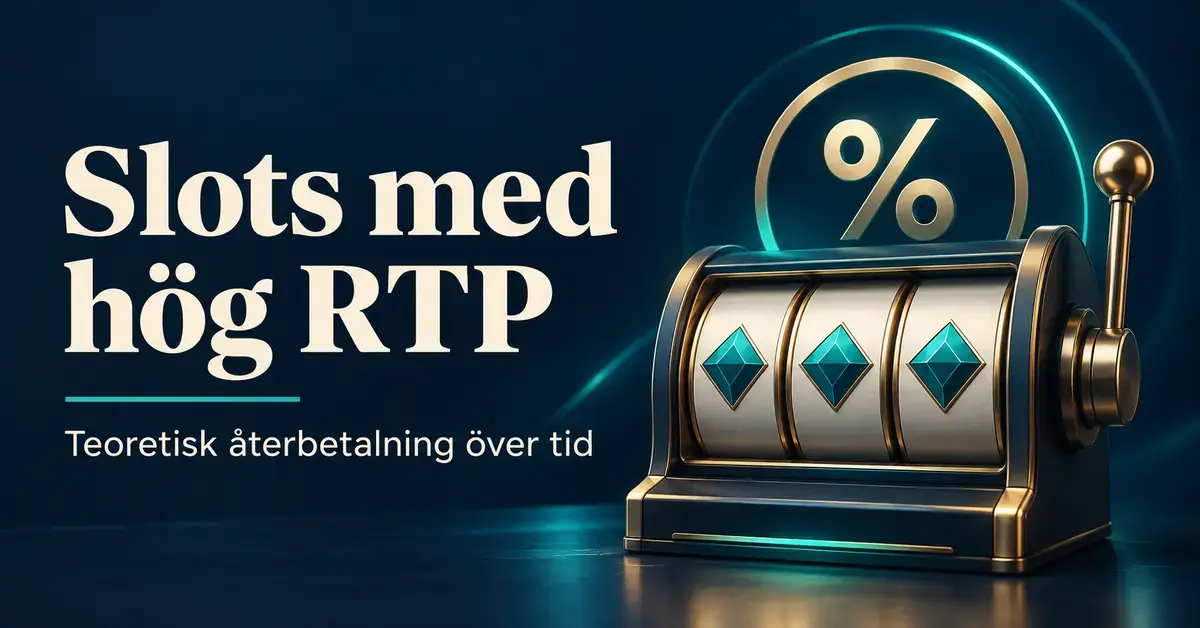Illustration av en spelautomat med diamantsymboler och ett procenttecken bredvid texten ”Slots med hög RTP – Teoretisk återbetalning över tid”.