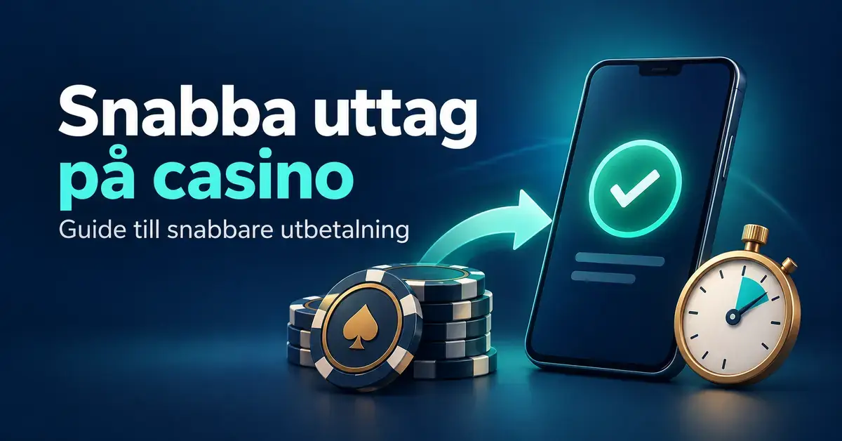 Illustration av snabba casinouttag med spelmarker, en överföringspil, en mobil med bockmarkering och ett stoppur.