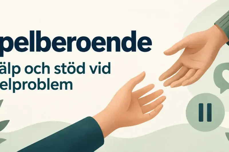 Två händer sträcks mot varandra intill en pratbubbla med ett hjärta och en paussymbol under texten ”Spelberoende – Hjälp och stöd vid spelproblem”.