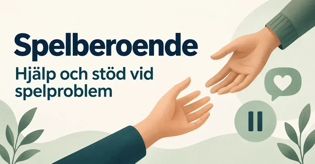 Två händer sträcks mot varandra intill en pratbubbla med ett hjärta och en paussymbol under texten ”Spelberoende – Hjälp och stöd vid spelproblem”.