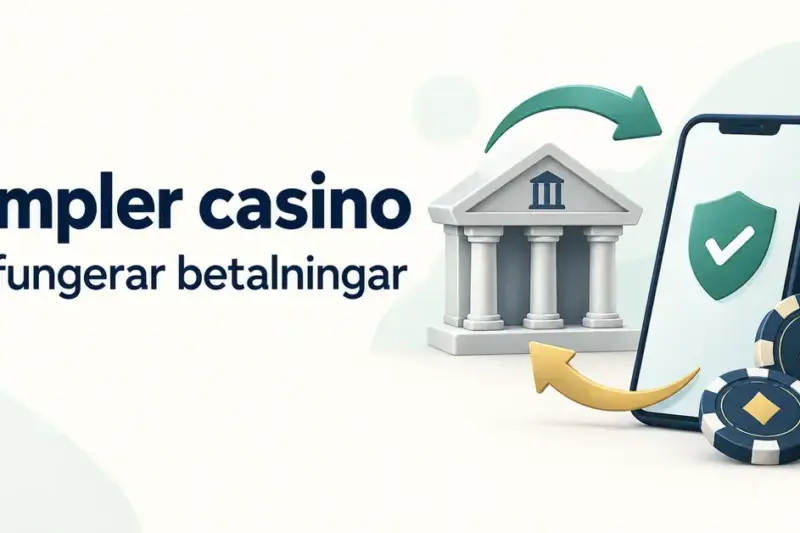 Illustration av betalningar med Zimpler med en bank, en mobiltelefon med en sköld och bock, pilar för insättningar och uttag samt kasinomarker.