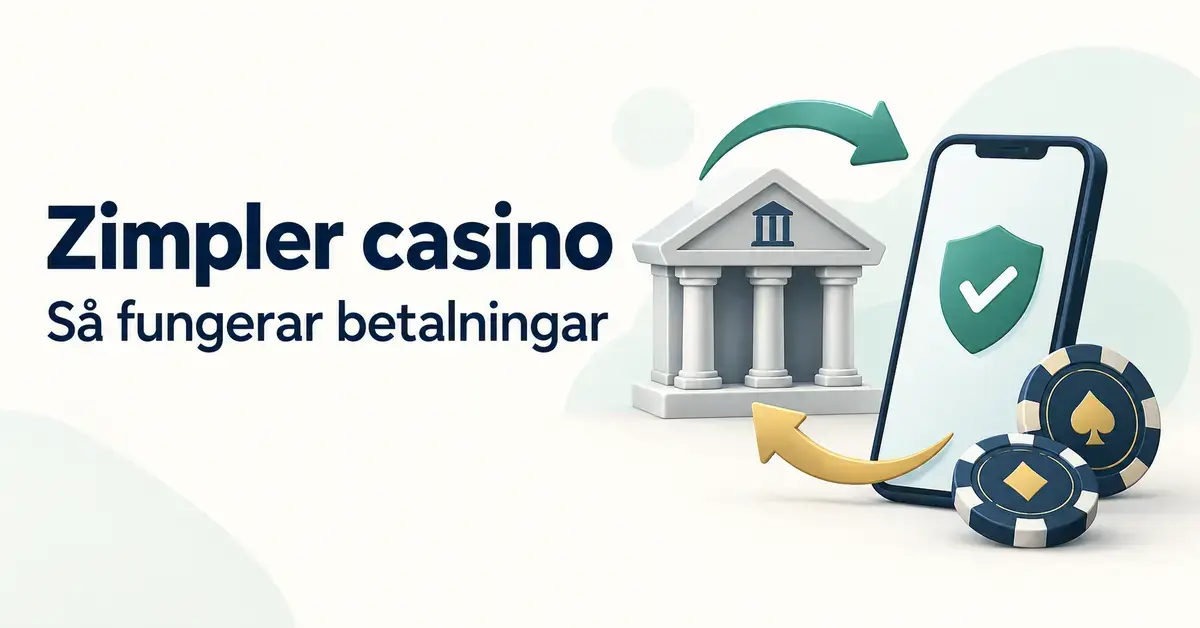 Illustration av betalningar med Zimpler med en bank, en mobiltelefon med en sköld och bock, pilar för insättningar och uttag samt kasinomarker.