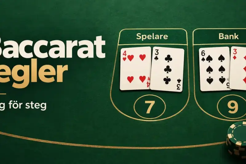 Illustration av baccarat med spelarens hand på sju poäng och bankens hand på nio poäng samt spelmarker på ett grönt spelbord.