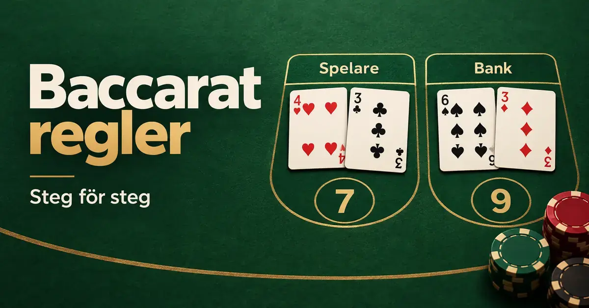 Illustration av baccarat med spelarens hand på sju poäng och bankens hand på nio poäng samt spelmarker på ett grönt spelbord.