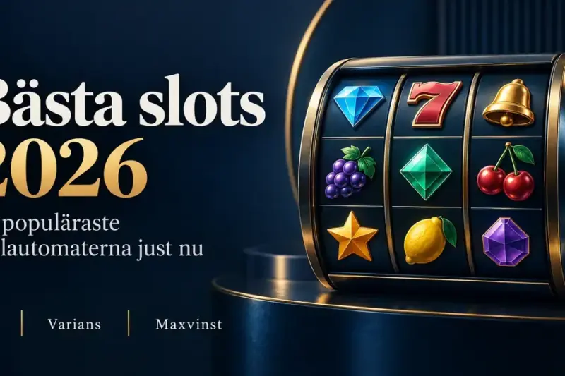Illustration av en spelautomat med frukt- och ädelstenssymboler intill texten ”Bästa slots 2026” och begreppen RTP, varians och maxvinst.