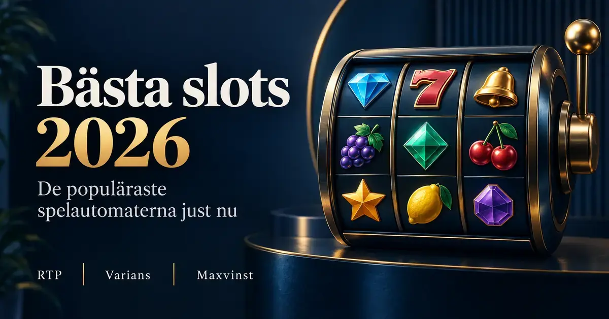 Illustration av en spelautomat med frukt- och ädelstenssymboler intill texten ”Bästa slots 2026” och begreppen RTP, varians och maxvinst.