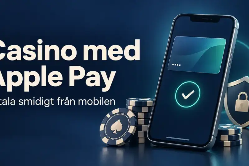 Illustration av en mobil med digitalt betalkort och godkänd betalning, casinojetonger och en säkerhetssköld intill texten ”Casino med Apple Pay – Betala smidigt från mobilen”.