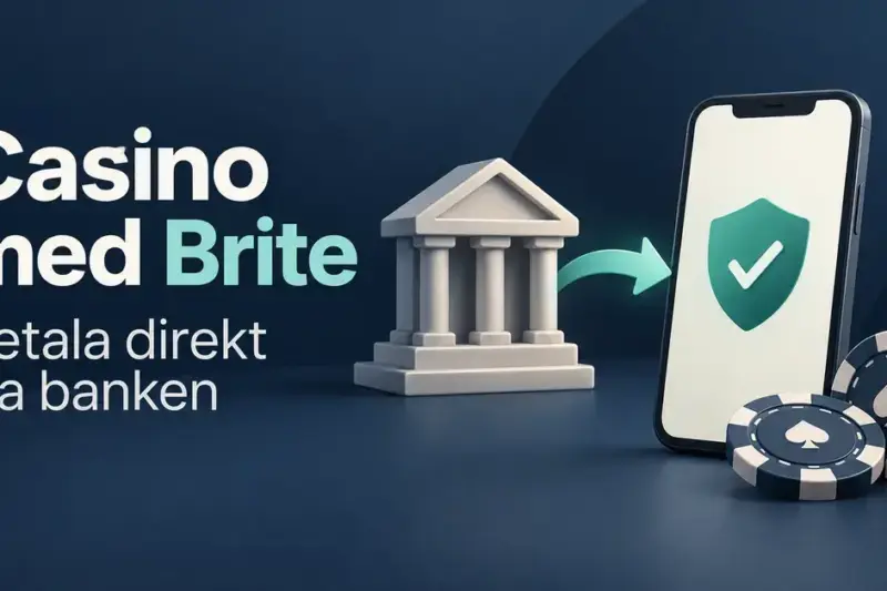Illustration av en bank, en mobil med säkerhetssymbol och kasinomarker tillsammans med texten ”Casino med Brite – Betala direkt via banken”.
