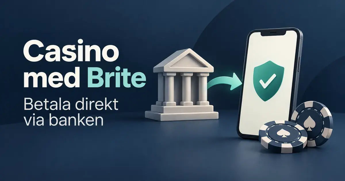 Illustration av en bank, en mobil med säkerhetssymbol och kasinomarker tillsammans med texten ”Casino med Brite – Betala direkt via banken”.