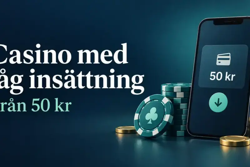Illustration av en mobil med beloppet 50 kr, kasinomarker och mynt bredvid texten ”Casino med låg insättning – Från 50 kr”.