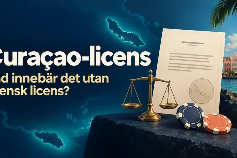 Illustration av ett licensdokument, en balansvåg och kasinomarker vid Curaçaos kust med texten ”Curaçao-licens – Vad innebär det utan svensk licens?”.