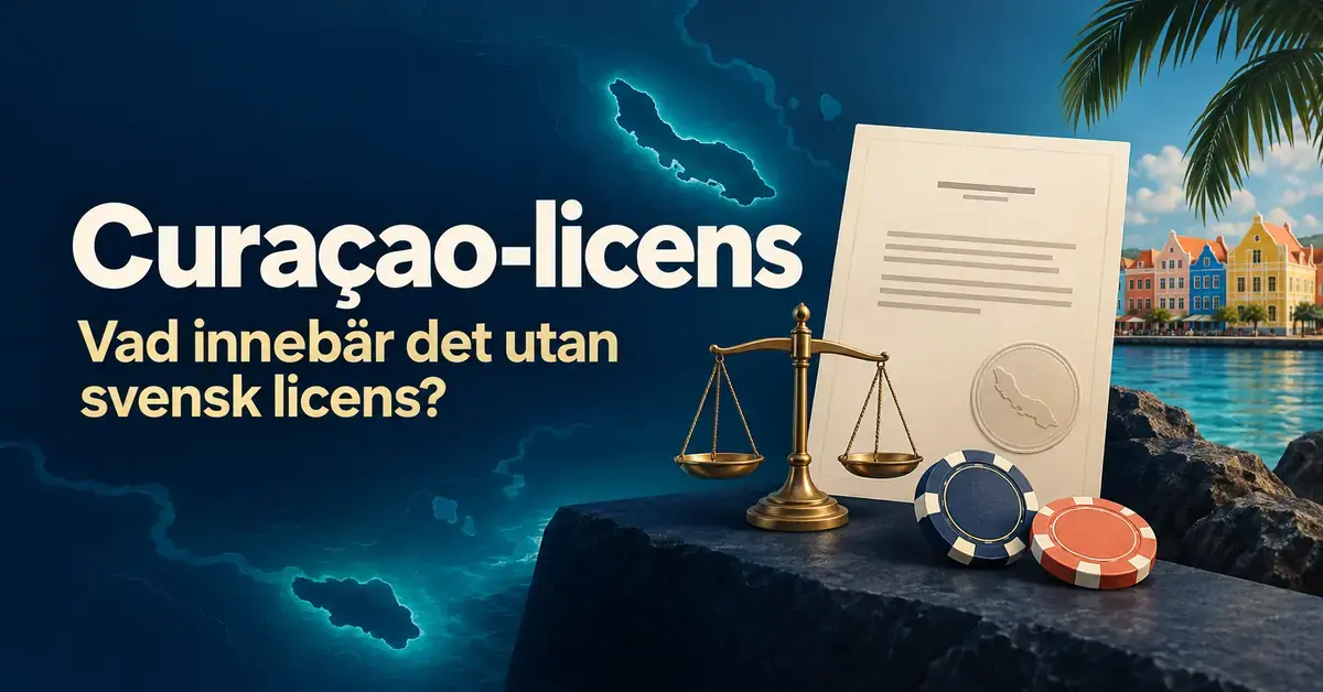 Illustration av ett licensdokument, en balansvåg och kasinomarker vid Curaçaos kust med texten ”Curaçao-licens – Vad innebär det utan svensk licens?”.