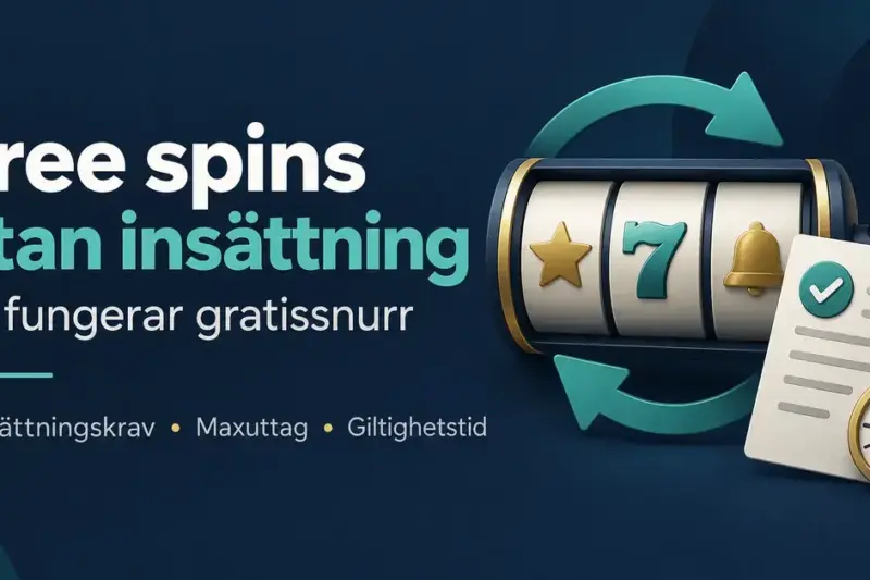Illustration av spelautomathjul, ett villkorsdokument och en klocka med text om free spins utan insättning, omsättningskrav, maxuttag och giltighetstid.