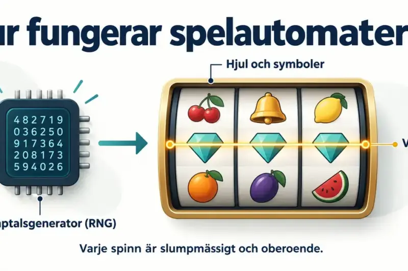 Illustration av hur en slumptalsgenerator styr spelautomatens hjul och symboler, med en markerad vinstlinje och information om att varje spinn är slumpmässigt och oberoende.