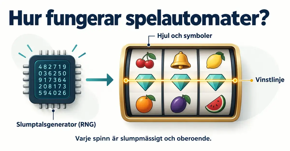 Illustration av hur en slumptalsgenerator styr spelautomatens hjul och symboler, med en markerad vinstlinje och information om att varje spinn är slumpmässigt och oberoende.