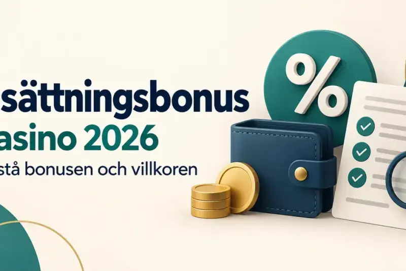 Illustration av en plånbok med mynt, ett procenttecken och en checklista med förstoringsglas intill text om insättningsbonus på casino 2026 och bonusvillkor.
