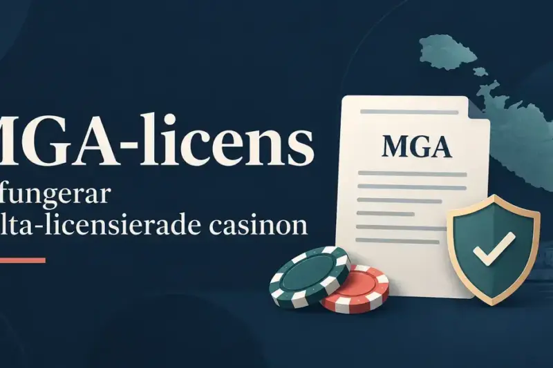 Illustration av ett licensdokument märkt MGA, en skyddssköld och kasinomarker framför Maltas öar, med texten ”MGA-licens – Så fungerar Malta-licensierade casinon”.