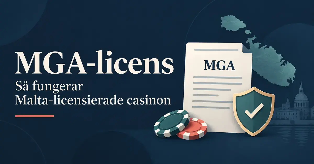 Illustration av ett licensdokument märkt MGA, en skyddssköld och kasinomarker framför Maltas öar, med texten ”MGA-licens – Så fungerar Malta-licensierade casinon”.