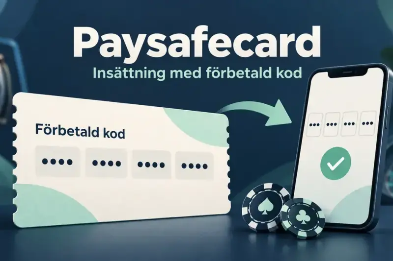 Illustration av en förbetald kod med en pil till en mobiltelefon och kasinomarker under rubriken Paysafecard – insättning med förbetald kod.