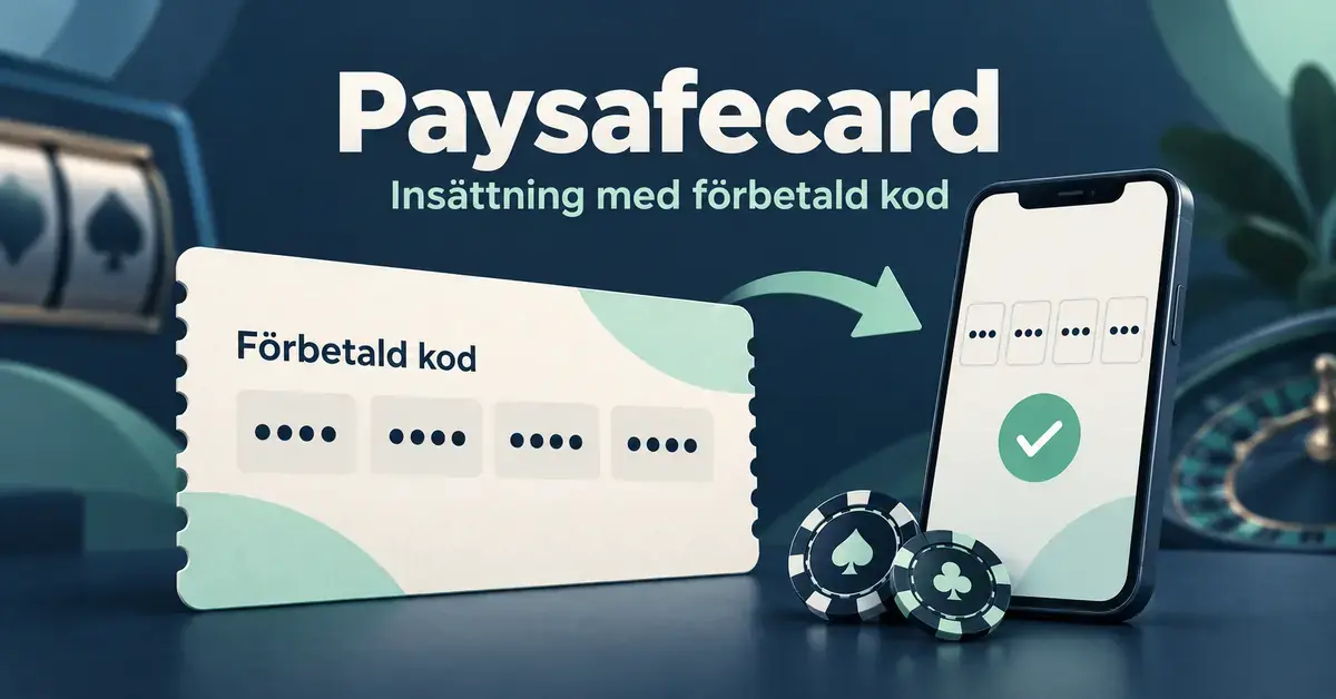 Illustration av en förbetald kod med en pil till en mobiltelefon och kasinomarker under rubriken Paysafecard – insättning med förbetald kod.