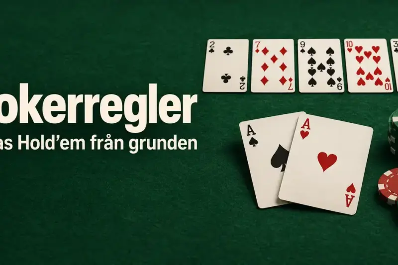 Två ess, fem gemensamma kort och pokermarker på ett grönt pokerbord med texten ”Pokerregler – Texas Hold’em från grunden”.